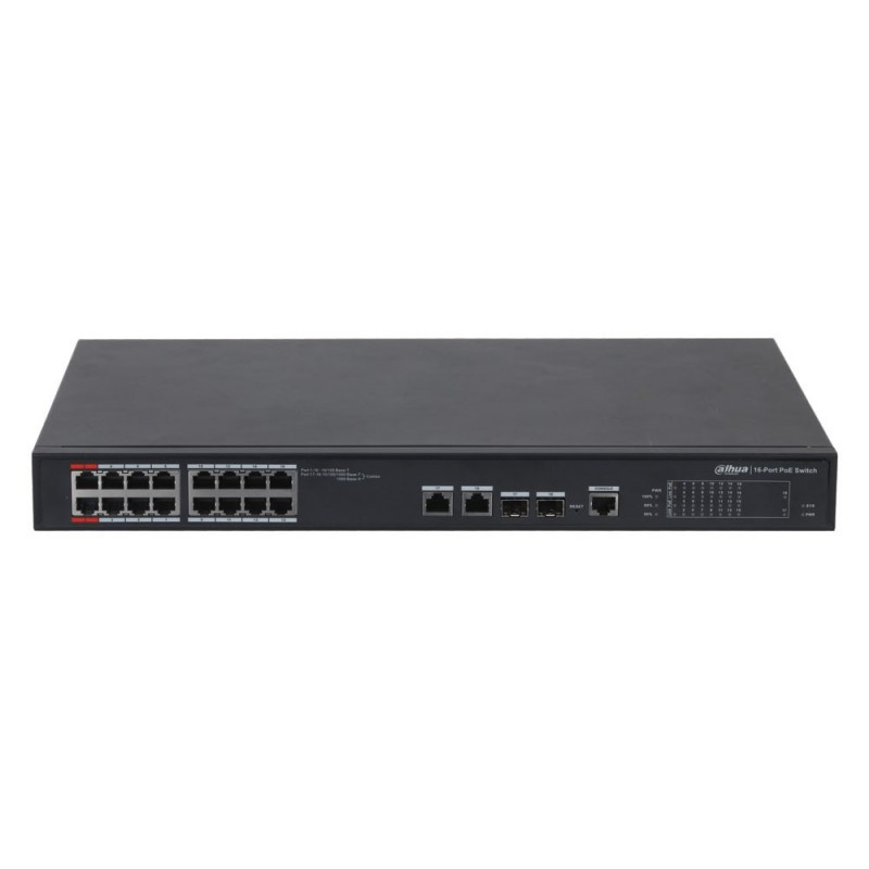 Switch Dahua Gestionable (L2) de 16 puertos PoE 100Mbps + 2 puertos combo Gigabit DH-PFS4218-16ET-190-V3