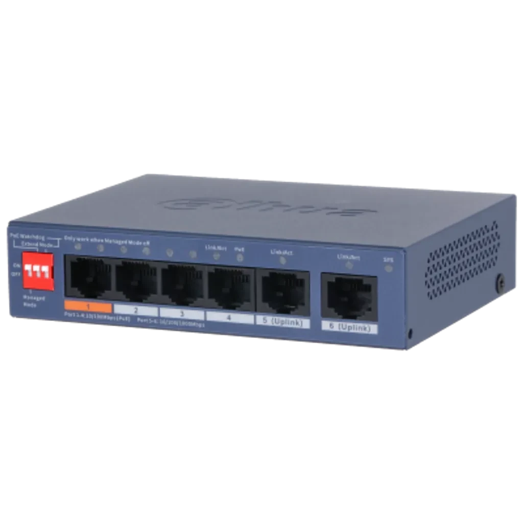 DH-CS4006-4ET2GT-60. Switch Dahua, 4 Puertos Poe 10/100 + 2 Puertos Uplink 1000,  60 Watts de Potencia Maxima, Capa 2, Soporta transmisión hasta 250m.