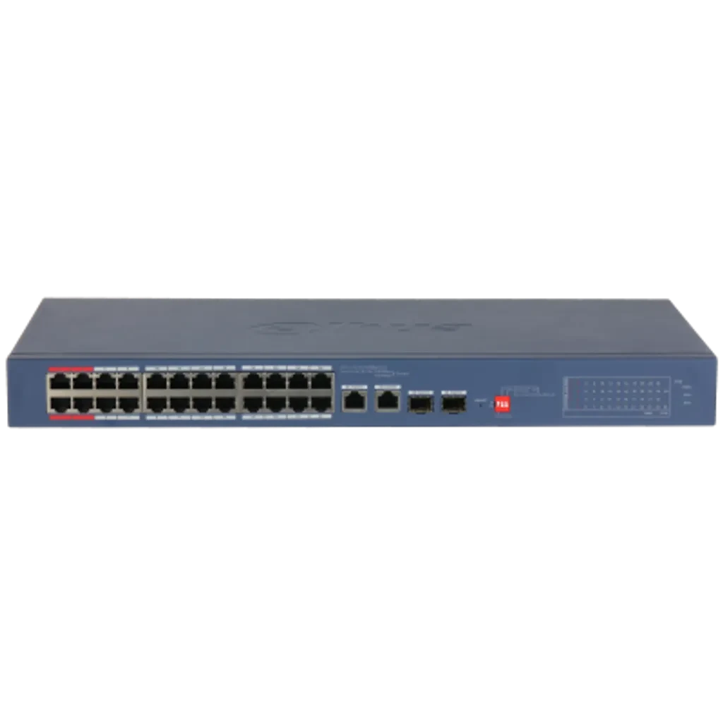 DH-CS4226-24ET-375-V2. Switch Dahua, 24 Puerto PoE ( 10/100 Mbps), 2 Puertos uplink ( 10/100/1000 Mbps), 2 Puertos SFP ( 1000 Mbps ) Administración en Nube, Capa 2, Potencia de Salida Total 3