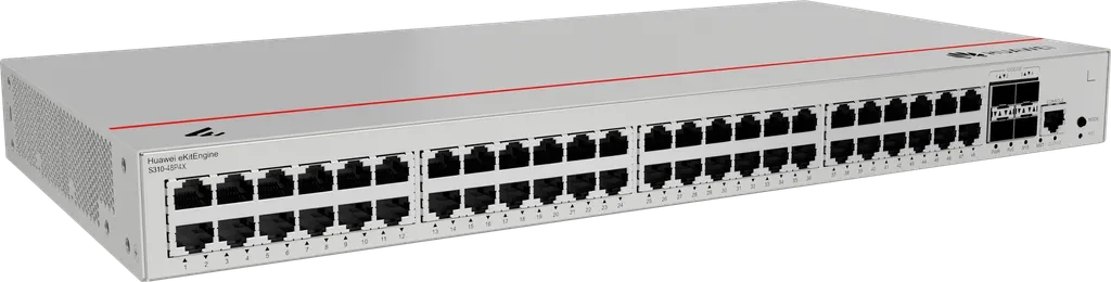 S310-48PN4X. Switch Huawei eKit 48 puertos PoE+ 10/100/1000/2.5G Base-T 4 Puertos 10 GE SFP+ capacidad de conmutación de 320 Gbit/s capacidad de reenvió de paquetes de 238 Mpps para capa de a