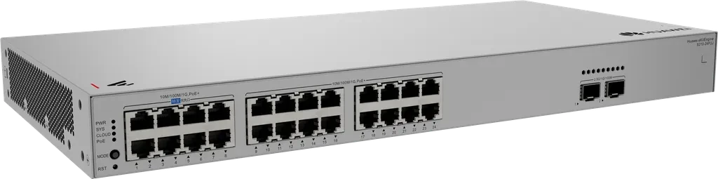 S210-24P2J. Switch Huawei eKitEngine administrable, 24 puertos Gigabit Ethernet PoE+ con hasta 400 W, 2 puertos SFP 2.5GE, Gestión mediante aplicación Huawei eKit y plataforma Cloud.