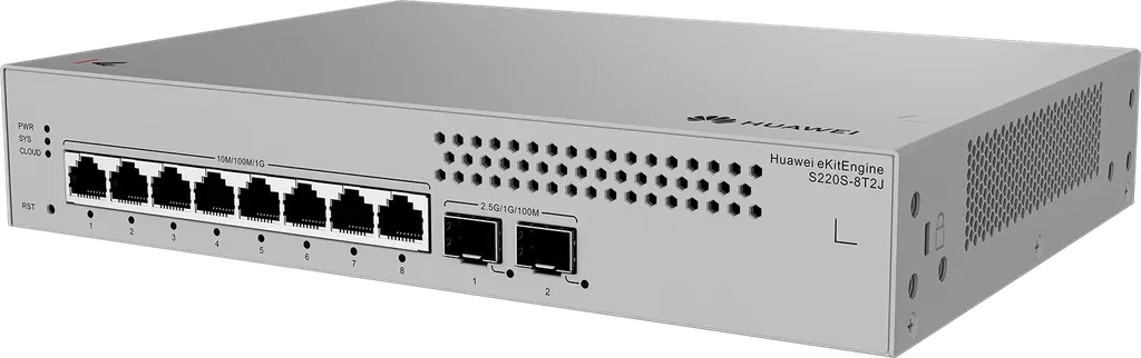 S220S-8T2J. Switch administrable Huawei eKitEngine de 8 puertos Gigabit y 2 puertos SFP 2.5GE.