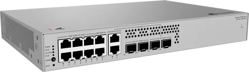 S310S-10PN4JX. Switch Huawei eKitEngine administrable, 10 puertos RJ45 (8 PoE+ con hasta 128 W, incluidos 2 puertos Multi-Gigabit 2.5GE), 2 puertos SFP+ 10GE y 2 puertos SFP 2.5GE.