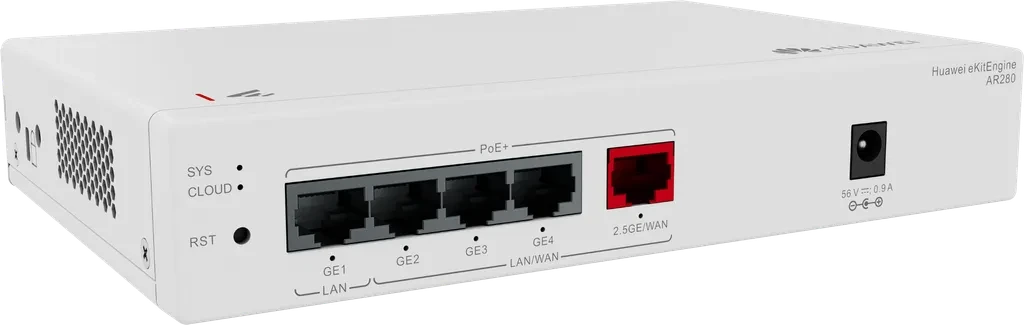 AR280. Router Huawei eKitEngine, Puerto WAN/LAN 2.5GE y cuatro puertos Gigabit Ethernet, Capacidad para hasta 150 dispositivos conectados, Balanceo de carga y respaldo de interfaces WAN.
