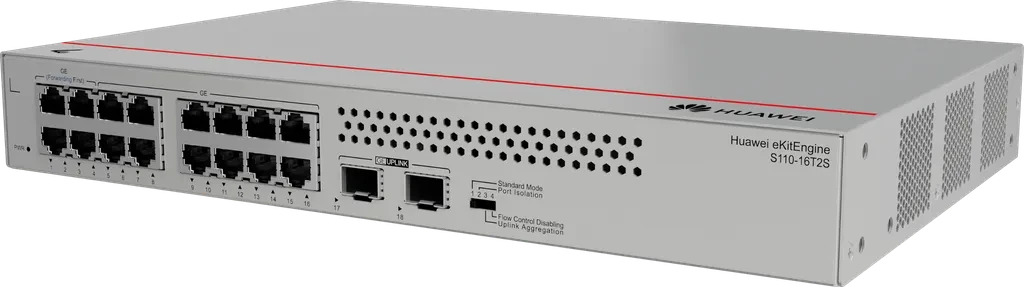 S110-16T2S. Switch Huawei eKitEngine, 16 puertos Gigabit Ethernet, 2 puertos SFP GE, Capacidad de conmutación de hasta 36 Gbps.