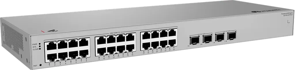 S310S-24T4JX. Switch Huawei eKitEngine administrable, 24 puertos RJ45 Gigabit Ethernet, 2 puertos SFP+ 10GE y 2 puertos SFP 2.5GE, sin PoE.