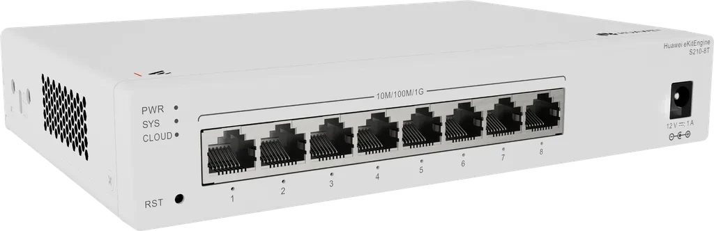 S210-8T. Switch Huawei eKitEngine administrable, 8 puertos Gigabit Ethernet, Capacidad de conmutación de hasta 16 Gbps, Gestión mediante aplicación Huawei eKit y plataforma Cloud, Diseño comp