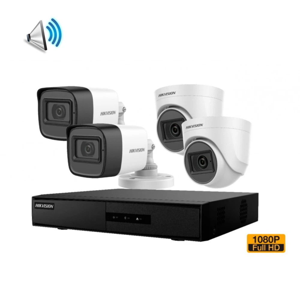 Kit Analogo AUDIO Hikvision 1080P DVR 4CH 2Domo+2Bala + 1TB Video