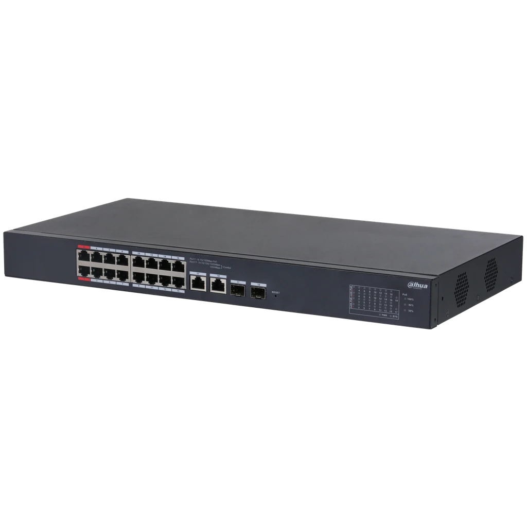 SWITCH POE ADMIN CLOUD DAHUA. 16 PUERTOS PÒE 10/100. 2 PUERTOS OPTICOS 1000 DH-CS4218-16ET-190.