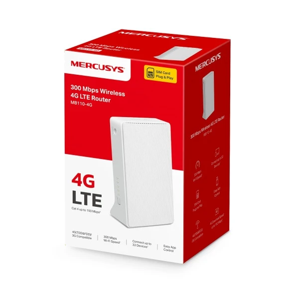 Router Mercusys 4G LTE wifi N 300Mbps soporta hasta 32 dispositivos, tarjeta sim, 2 puertos ethernet 10/100 Mbps MB110-4G