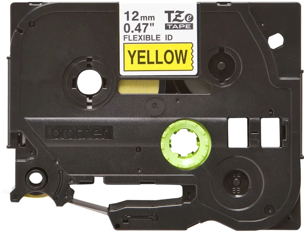 TZeFX631. Cinta BROTHER Flex 12mm Negro en Amarillo 8mt p/PT-H110 Extra-Flexible