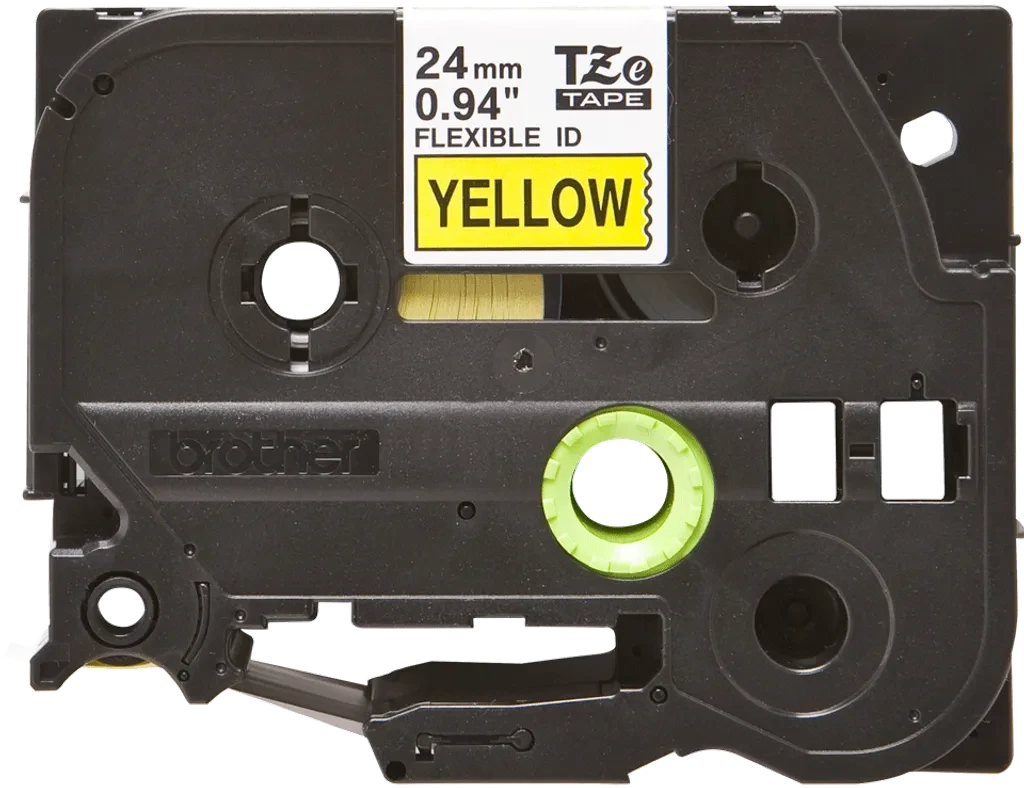 TZeFX651. Cinta BROTHER Flex 24mm Negro en Fondo Amarillo 8mt p/PT-E550WVP/D600V