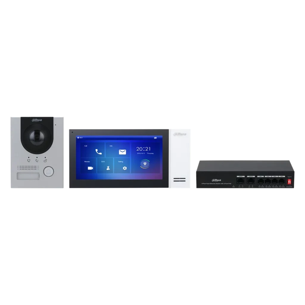 DHI-KTP01L(F)/DHI-VTO2201F-P-S2/DHI-VTH2421FW-P. Kit Video Portero IP Dahua. Cableado Incluye Switch, Pantalla VTH2421FW-P+VTO2201F-P.