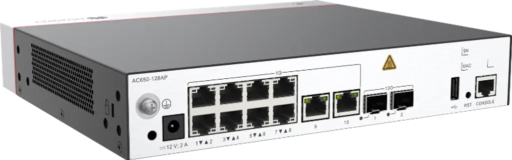 AC650-128AP. Controlador WAC Huawei para 128 AP cuenta con 10 puertos 10/100/1000BASE-T y 2 puertos 10GE SFP+