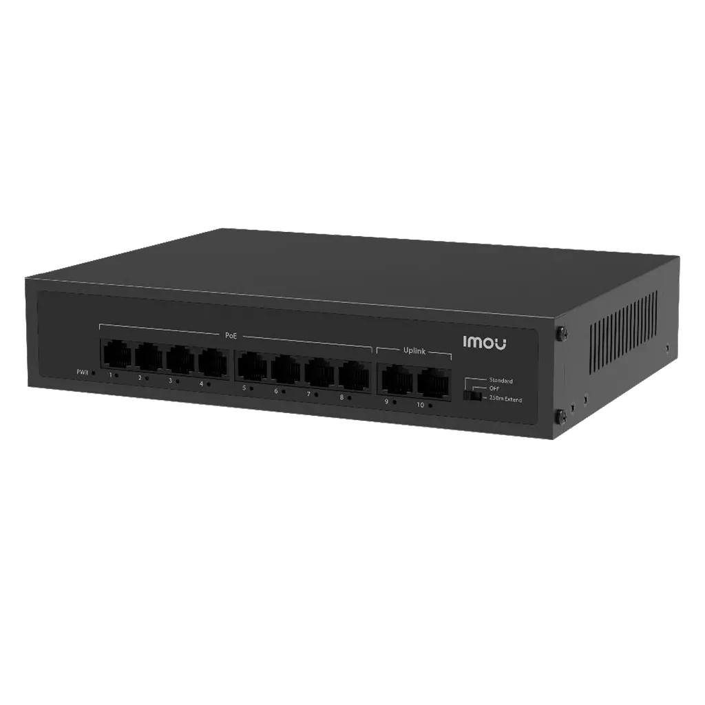 SF110P. Switch PoE IMOU, 8 puertos 10/100M y 2 puertos Uplink 10/100M, Total de potencia 65W, Soporta distancia hasta 250M