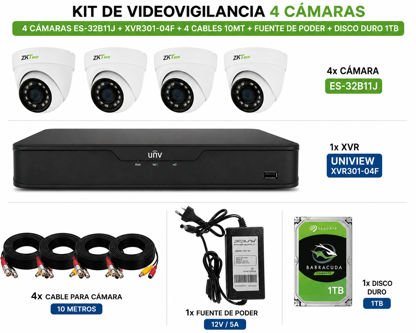 Kit 4 camaras 2mp Zkteco Disco Incluido de 1tb