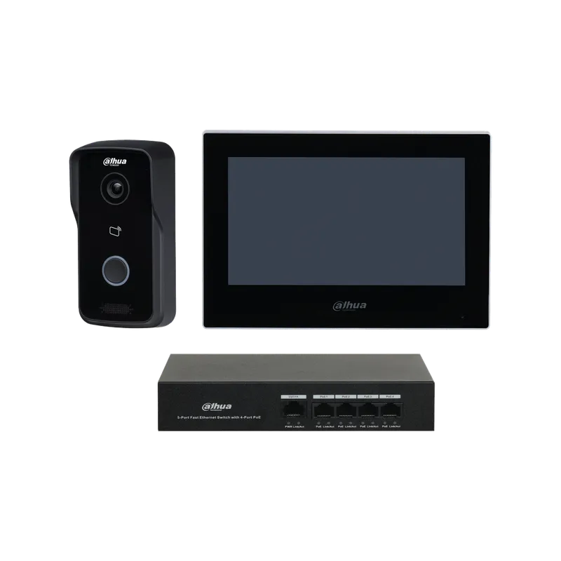 DHI-KTP03/DHI-VTO2111D-P-S3/DHI-VTH2621G-P. Kit video portero monitor interior 7" VTO y Switch 4 interfaces