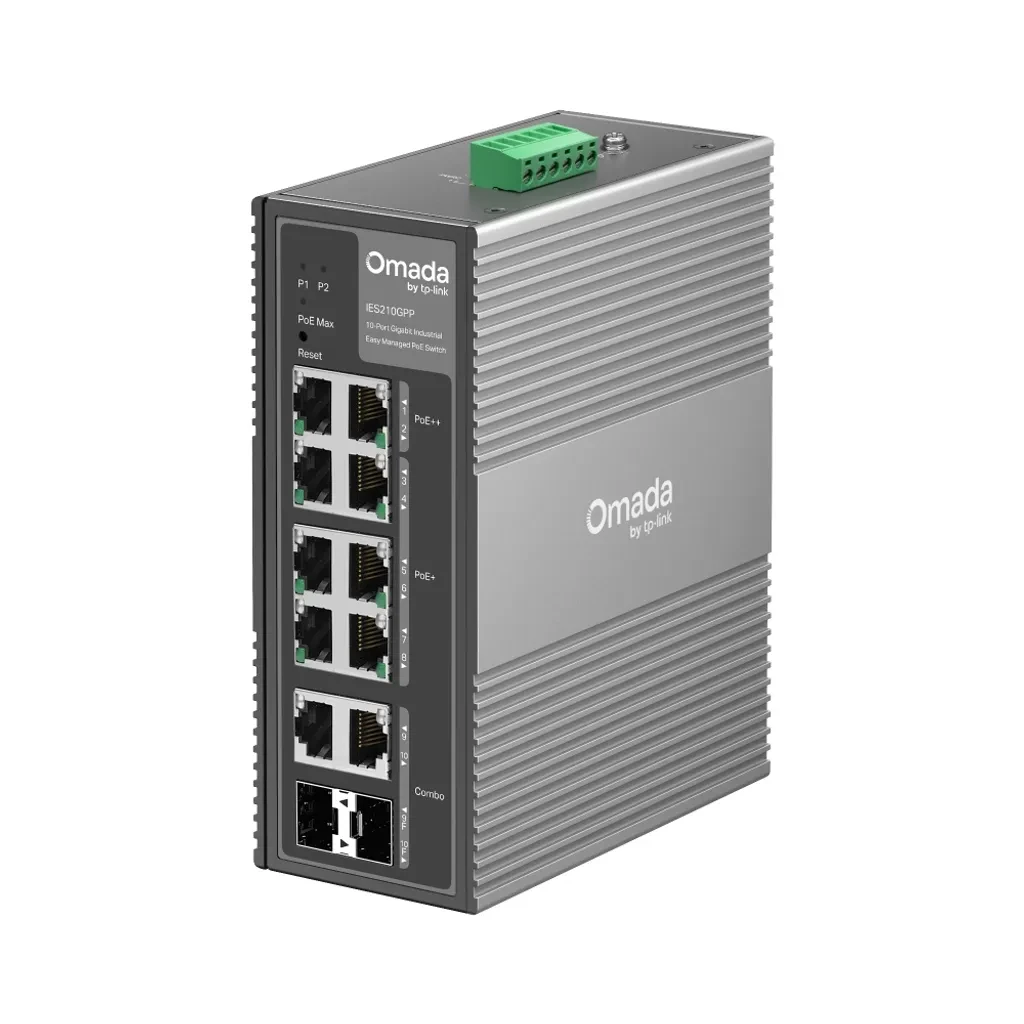 IES210GPP. Switch Industrial Omada fácil administración con 6 puertos PoE+ y 2 puertos PoE++